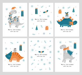 Card set with Christmas dinosaurs. Cute dinosaurs with gifts and Santa hats. Hand drawn vector illustrations - 645267063