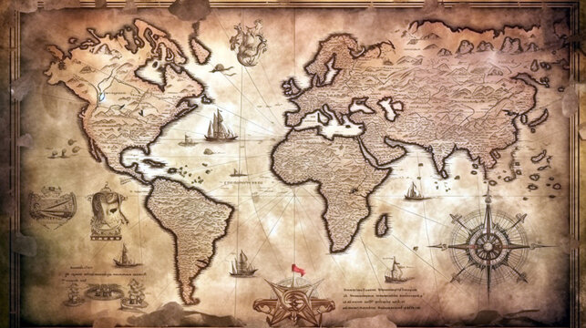 Fototapeta OLD VINTAGE MAPS. aged nautical treasure map. Vintage world map on an old stained parchment