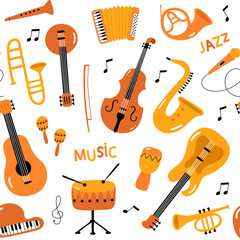 Seamless pattern with  musical instruments in cartoon style. Vector illustration