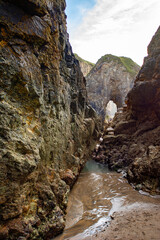 Perranporth, cornwall, England coastal view and rock or cliff formations, August 2023