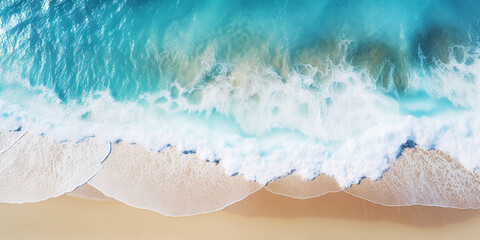 Obraz premium Top view oncoast with ocean waves. Blue water background. Summer seascape from air. Generative AI