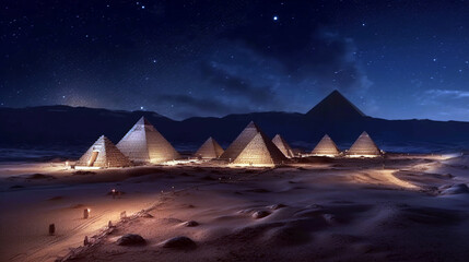 The Pyramids by night in Egypt. Majestic night scene with Great Pyramid Moon in starry dark blue sky
