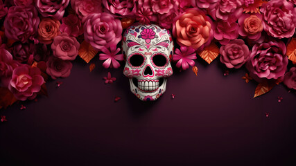 Day of the Dead Celebration with Sugar Extraction. Skull. Floral Background. copy space