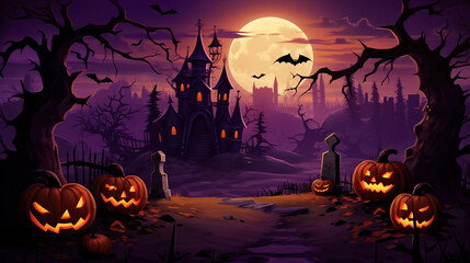 Halloween background pumpkins bat spiders and dark castle orange and purple and dark banner background - obrazy, fototapety, plakaty