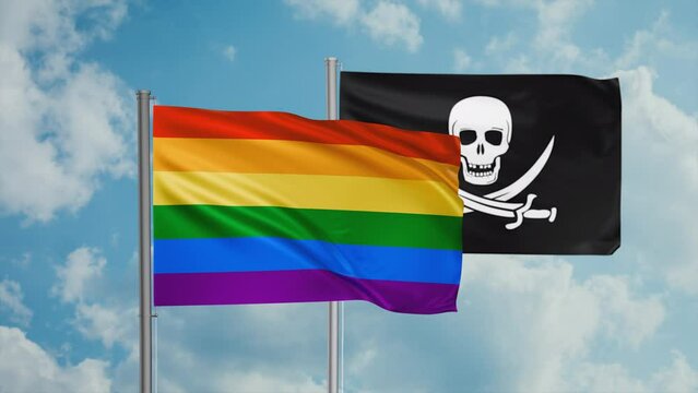 LGBT movement also Gay Pride flag and corsair flag waving together in the wind on blue sky, cycle looped video