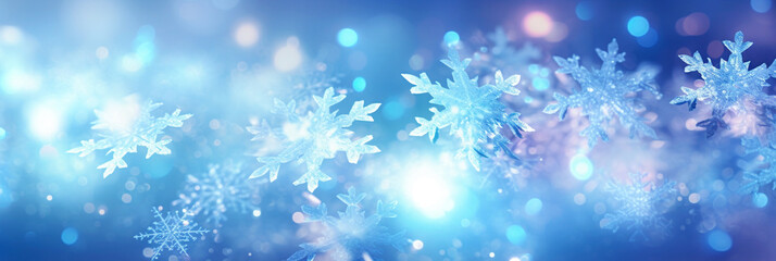 Fototapeta na wymiar Defocused Christmas background with snowflakes and bokeh lights. 