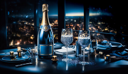 champagne with celebration ornaments on desk.beverage and anniversary or festival background.light blue luxury design