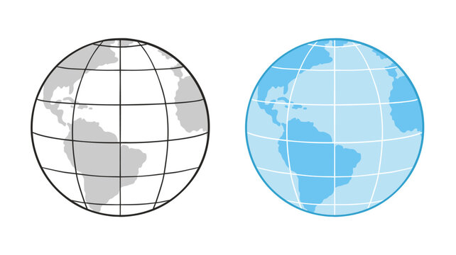 Model of the Earth, blue globe with map oceans and land, parallels and meridians. Isolated vector