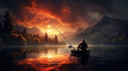 Fisherman uses a fishing rod holder to keep his rod steady, bait, worm, summer, catfish, shore, river, seine, carp, poacher, pond. Generated by AI. - obrazy, fototapety, plakaty