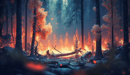 Intense flames from a massive forest fire. Flames light up the night as they rage thru pine forests and sage brush.