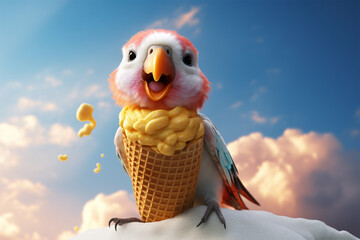 bird licks ice cream - obrazy, fototapety, plakaty