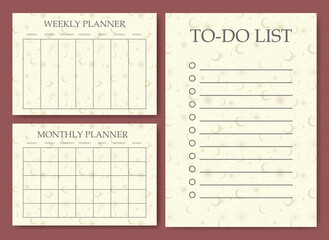 Time management sheet design in pastel color with starry sky. Blank printable goal setting sheet.