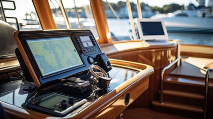 GPS navigation in a luxury yacht becomes an integral part of the voyage. With satellite tracking and advanced route planning. Generated by AI.