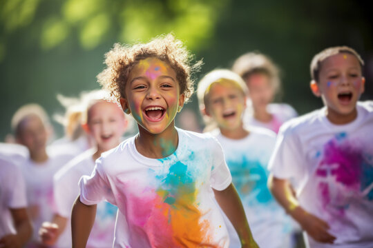 Smiling girl running in front of other kids in a vibrant colour run.