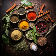 Group of diverse colorful spice powder in bowls on dark rustic background with vintage spoons, fresh herbs, anise star and cinnamon stick. Top view