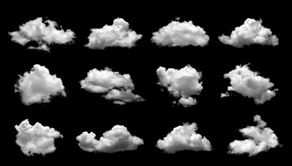 Set of white clouds or smog for design isolated on a black background.
