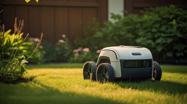 GPS-enabled smart gardening robot, capable of autonomously navigating your yard, precisely mowing and maintaining the grass. Generated by AI.