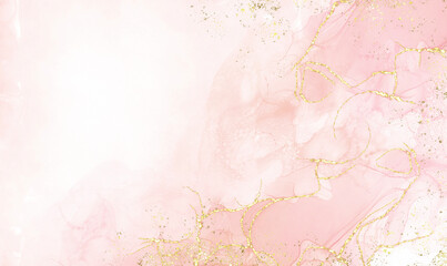 Pink alcohol ink mixed with glitter gold pattern elegant abstract ink flow art with translucent background.