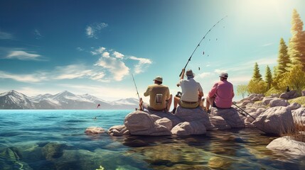 Group of friends gather around the water, eager to spend a fun-filled day fishing together. Fishing rod, fishing line, water, net, river, fish, catch, boat, hook, lake. Generated by AI.