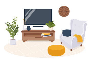 Stylish modern style living room with  armchair, tv, table in navy blue, orange and white tones. Interior and furniture collection. Scandinavian design. Vector cartoon flat illustration