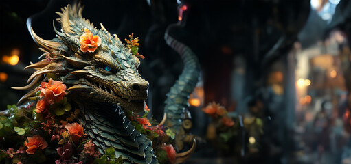 Obraz premium Chinese New Year 2024 green wooden Dragon. Generative AI