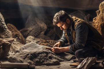 Amidst layers of ancient rock, a focused paleontologist gently excavates a fossil, hoping to unravel secrets from Earth's prehistoric past - obrazy, fototapety, plakaty