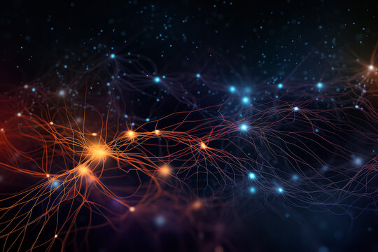 Radiating against a dark background, a dynamic neural network visualization represents the complexity of machine learning algorithms and artificial intelligence