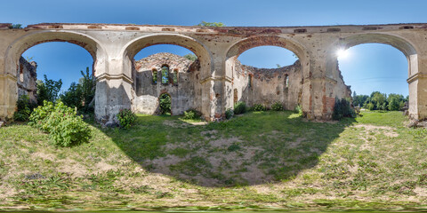 Fototapeta na wymiar full seamless spherical hdri 360 panorama inside ruined abandoned church with arches without roof in equirectangular projection with zenith and nadir, ready for VR virtual reality content