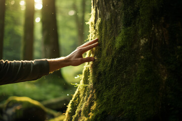 Hand delicately touching moss on a large tree trunk, reflecting a profound connection with nature and environmental responsibility - obrazy, fototapety, plakaty