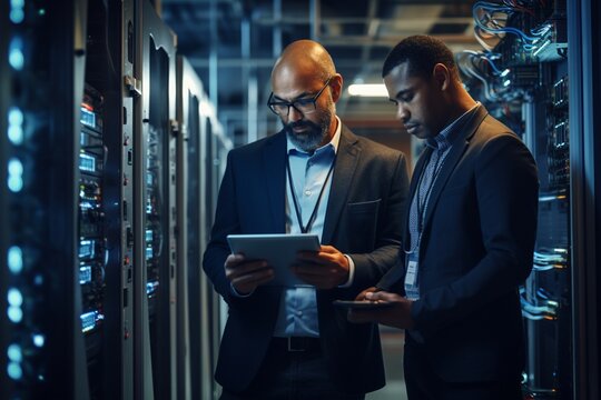 Serious multiethnic businesspeople using digital tablet in server room
