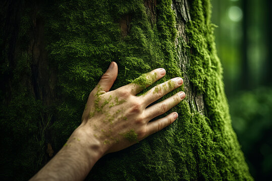 Hand delicately touching moss on a large tree trunk, reflecting a profound connection with nature and environmental responsibility