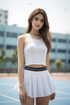 Portrait of a beautiful young asian woman wearing a white tennis player outfit with sports top and pleated mini skirt