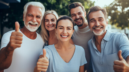 Group of caucasian middle-aged men and mature woman thumbing up and smiling at the camera happily , positive people background - Powered by Adobe