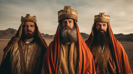Three people costumed as the three wise men Caspar, Melchior, and Balthasar , sand desert background
