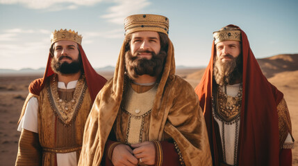 Three people costumed as the three wise men Caspar, Melchior, and Balthasar , sand desert background