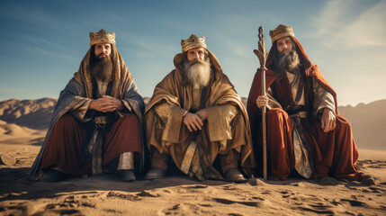 Three people costumed as the three wise men Caspar, Melchior, and Balthasar , sand desert background