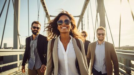 Three smiling colleagues walking to work on a big bridge with morning light , diverse coworkers ethnic group