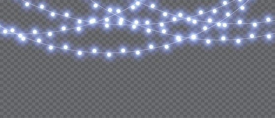 Vector Christmas Lights Magic: Realistic Isolated Design Elements for Festive Greeting Cards, Banners, Posters, and Web Design. Garland Decorations with LED Neon Lamps.