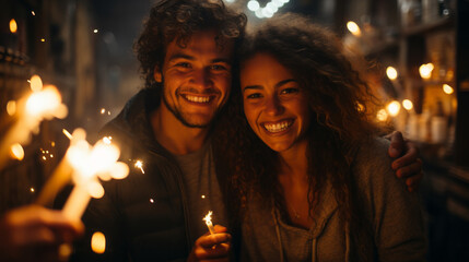 Obraz na płótnie Canvas Two people young couple holding up sparklers with light background, festive new year atmosphere