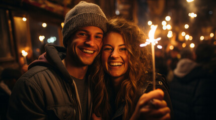 Obraz premium Two people young couple holding up sparklers with light background, festive new year atmosphere