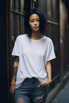 Asian woman wearing oversized plain white t-shirt and blue jeans , girl with tattoo in street tshirt mock-up