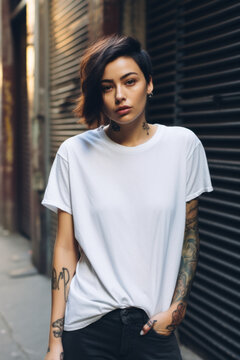 Asian woman wearing oversized plain white t-shirt and blue jeans , girl with tattoo in street tshirt mock-up