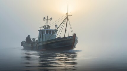 Fototapeta premium Fishing boat is poised for its next maritime pursuit, its presence a testament to the fusion of man and machine, where the vessel becomes an extension of the fisherman. Generated by AI.