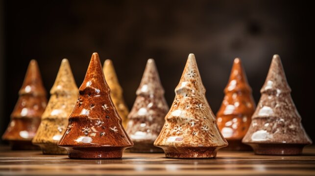 Eco-friendly brown clay ceramic earthy tones alternative Christmas tree. Natural materials brown decorative small clay xmas trees background