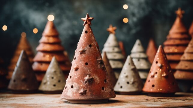 Eco-friendly brown clay ceramic earthy tones alternative Christmas tree. Natural materials brown decorative small clay xmas trees background