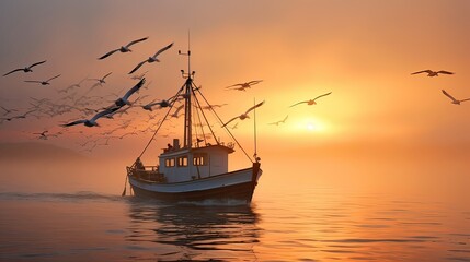 Fototapeta na wymiar Fishing boat embarks on a mist-covered lake at the break of dawn, fishing rod, wave, pier, rowing, current, pond, life jacket, herring, canoe, kayak. Generated by AI.