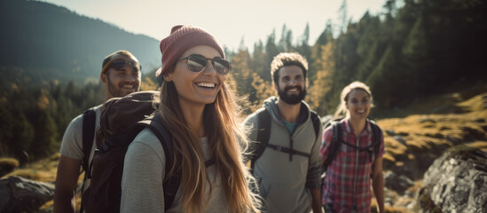 Banner with young energetic group exploring wilderness , hikers enjoying mountain trail and adventure background