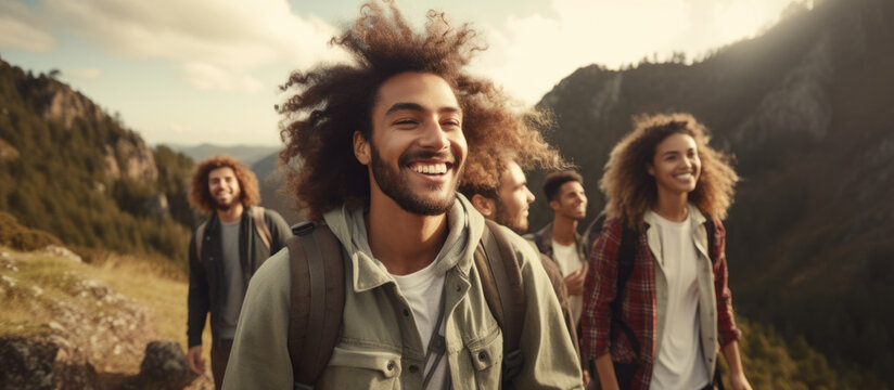 Banner with young energetic group exploring wilderness , hikers enjoying mountain trail and adventure background