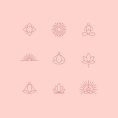 Set of linear symbols. Yoga, meditation, lotus, sun. Collection of design elements. Vector illustration.