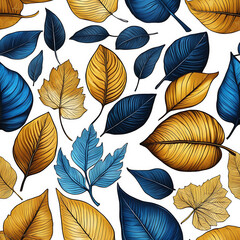 Golden and Blue Tree Leaves Illustration on a White Background